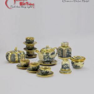 Bộ ấm chén Minh Long men rạn bọc đồng và 4 phụ kiện