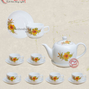 Bộ ấm chén Bát Tràng vẽ hoa râm bụt
